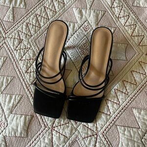 black strappy square toe heels